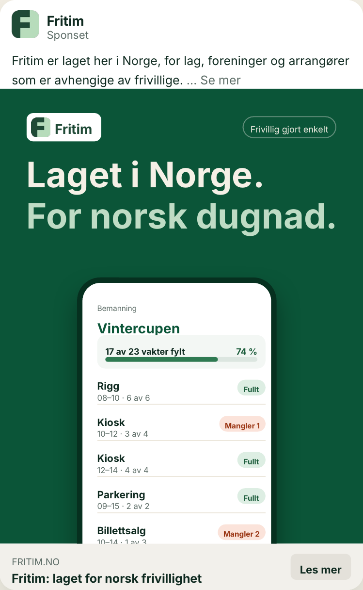 Fritim-annonse på Facebook: «Laget i Norge. For norsk dugnad.»