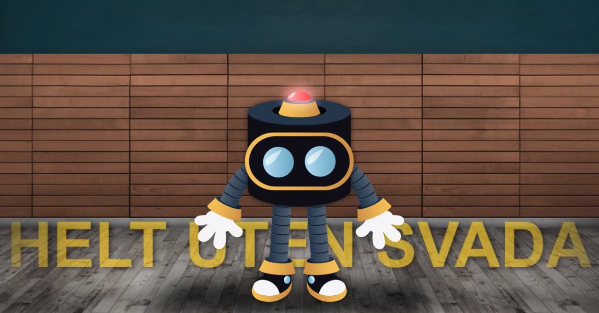 Tiensus maskot, en liten robot, står foran teksten «Helt uten svada»