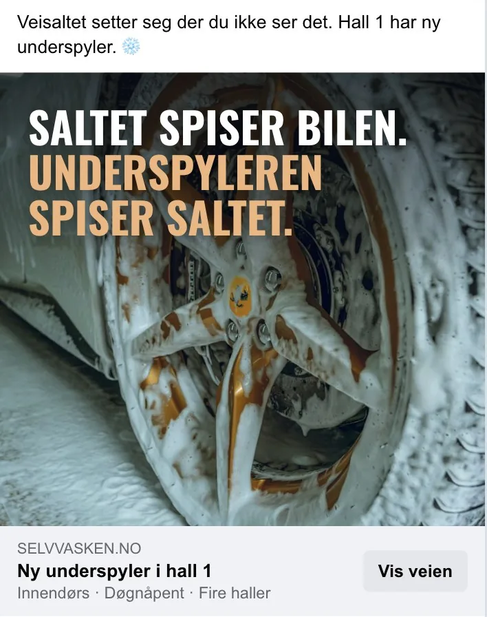 Ad for Verksmann Selvvask: “The salt eats the car. The underwash eats the salt.”