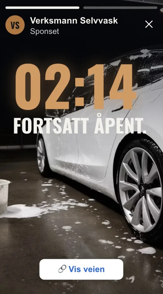 Story ad for Verksmann Selvvask: “02:14 still open.”