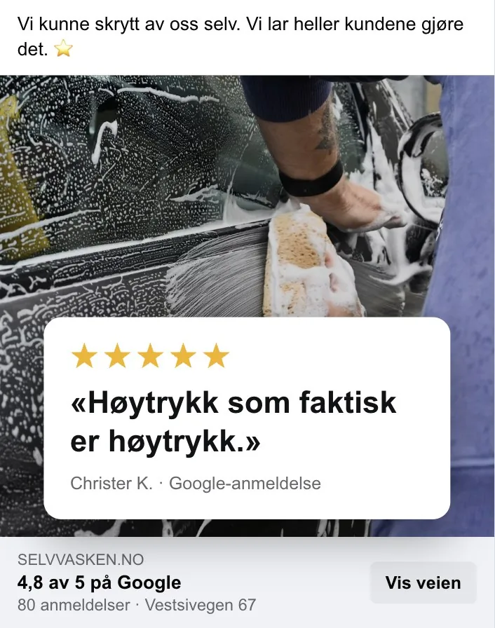 Ad for Verksmann Selvvask with a customer review: “High pressure that is actually high pressure.”